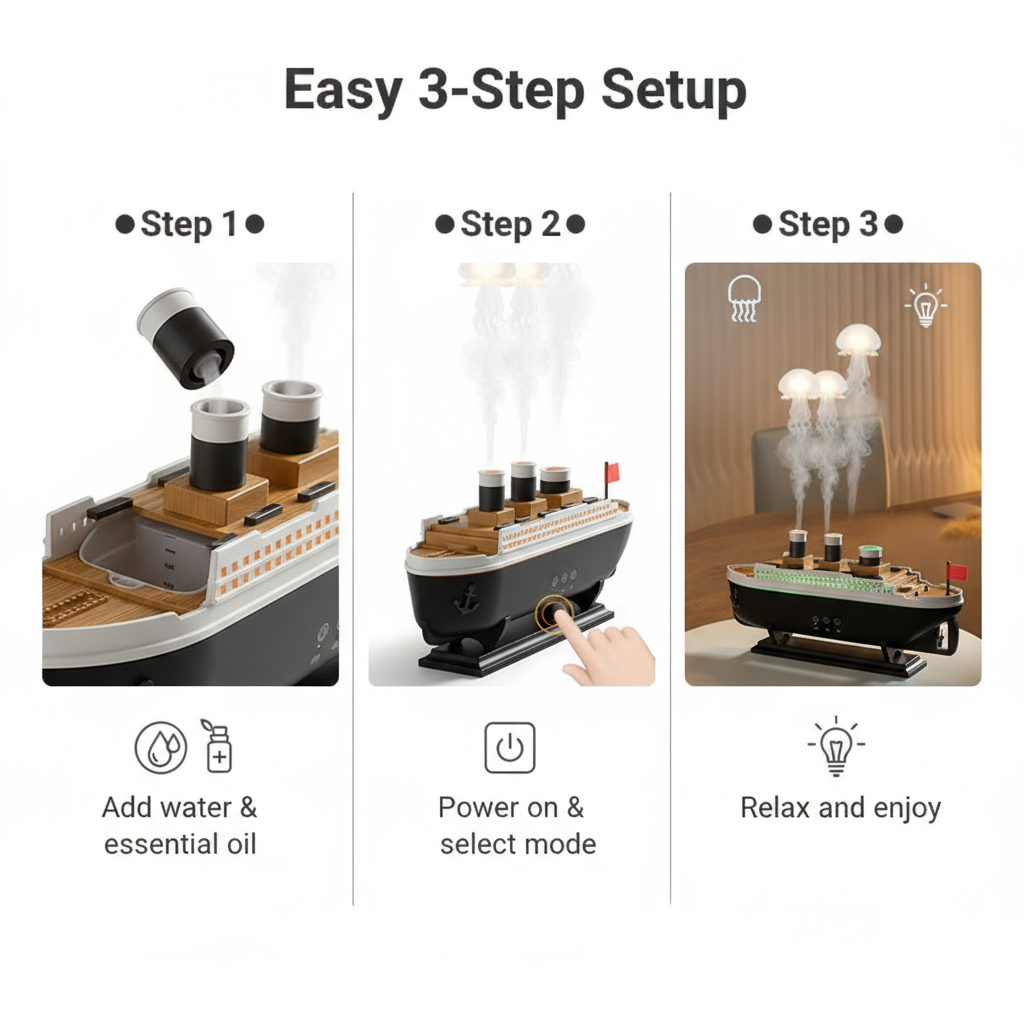 Titanic Jellyfish Aroma Diffuser – Vintage Ocean Liner Ultrasonic Humidifier with Smart Mist & RGB Lights