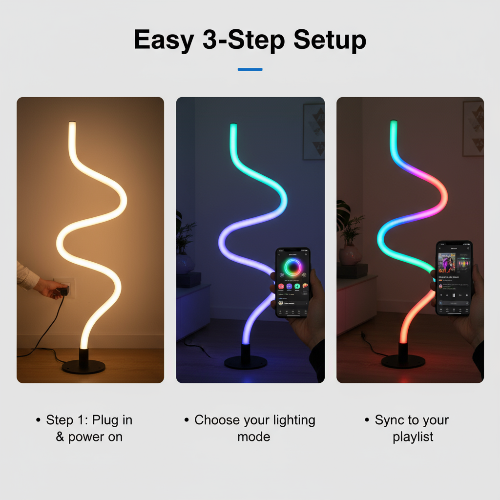 RGBIC Spiral LED Floor Lamp – DIY Shapeable 5V USB Color-Changing Corner Lamp with App & Music Sync