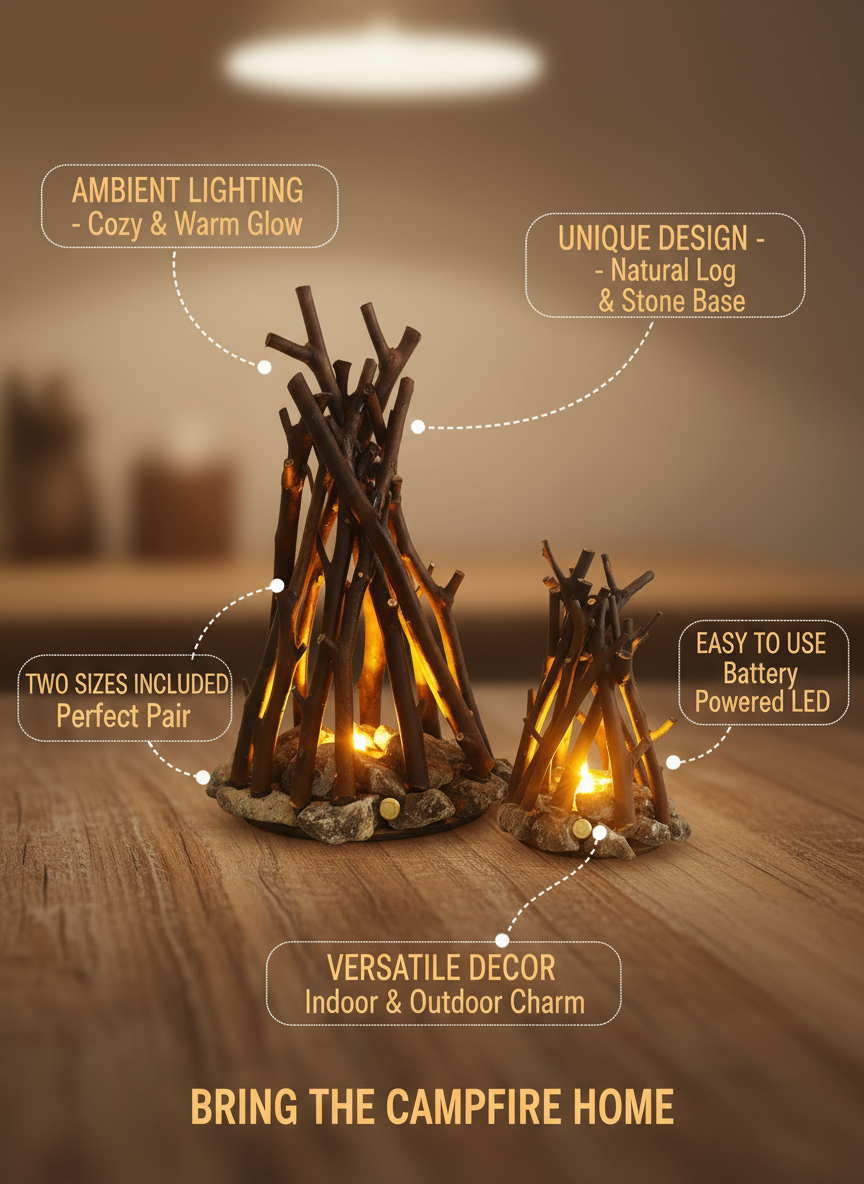 Stone Branch Campfire Lamp - Rustic LED Night Light Decor