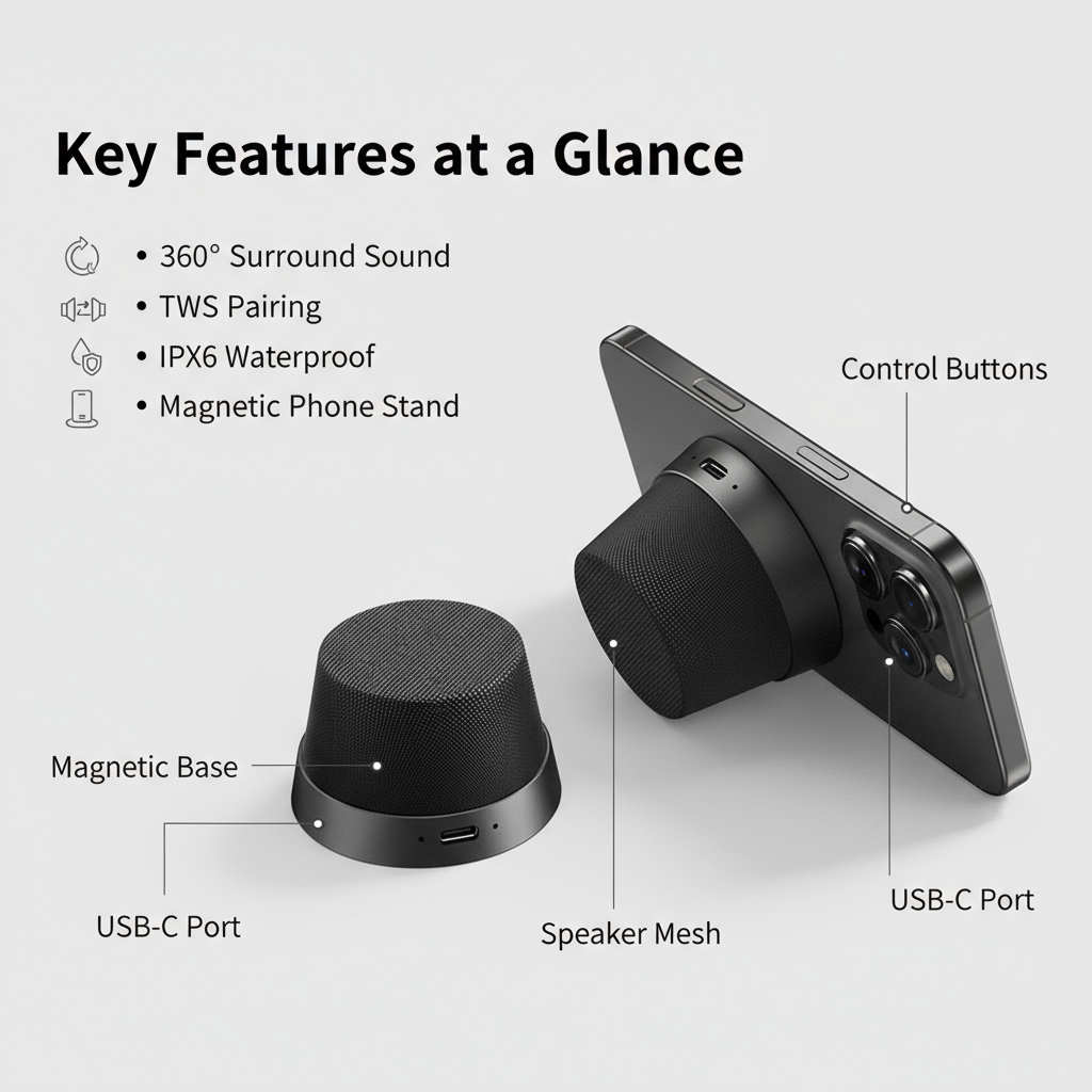 Magnetic Wireless Bluetooth Speaker with Phone Stand – Mini Portable Outdoor Waterproof Subwoofer Puck