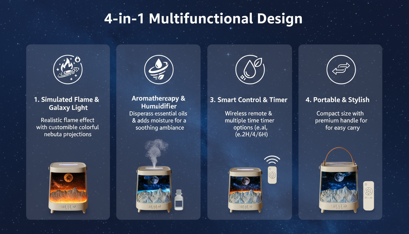 Galaxy Aromatherapy Diffuser with Simulated Flame – USB Humidifier & Color-Changing Mist Maker