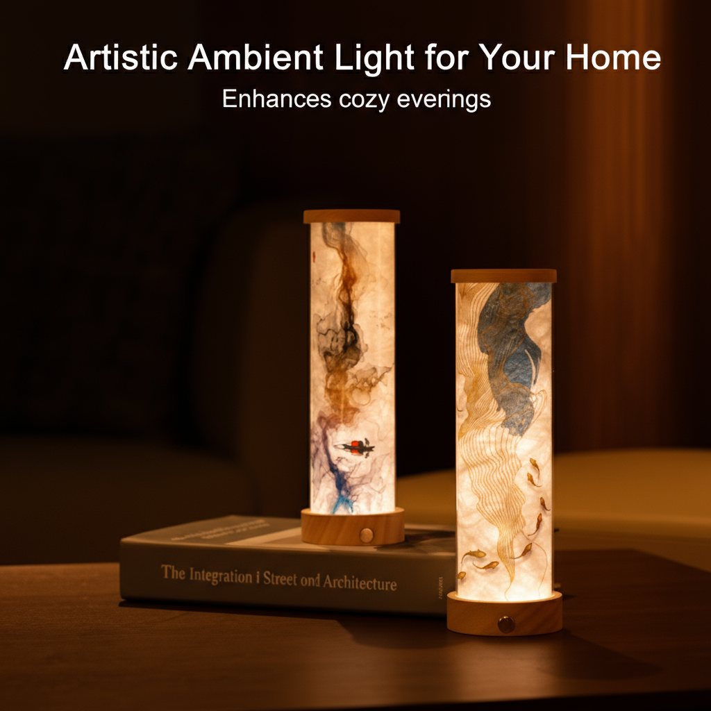Chinese Ink Art Cylinder Night Lamp - Rechargeable LED Mood Light