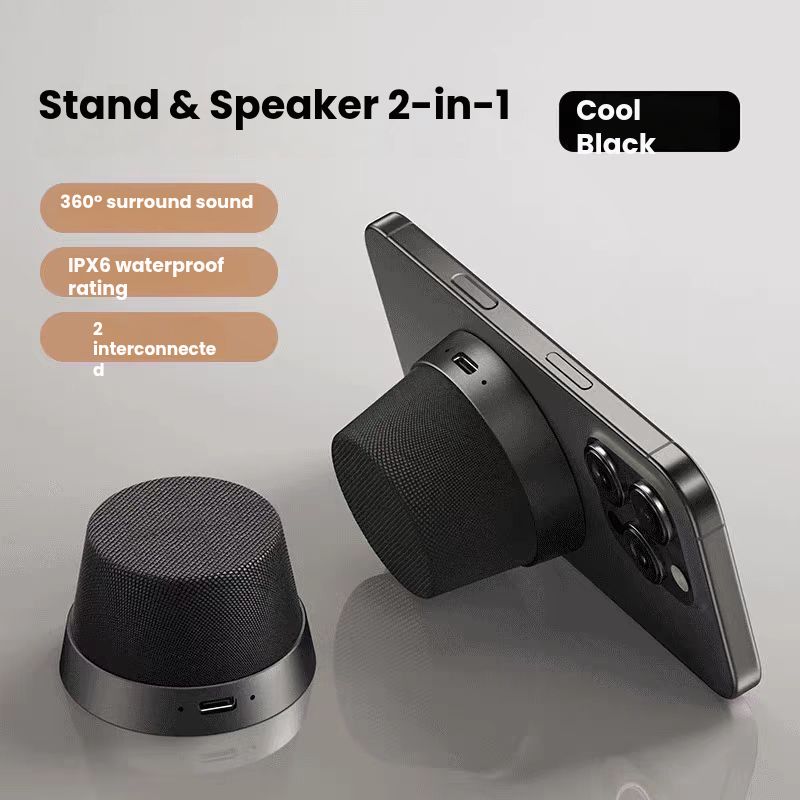 Magnetic Wireless Bluetooth Speaker with Phone Stand – Mini Portable Outdoor Waterproof Subwoofer Puck