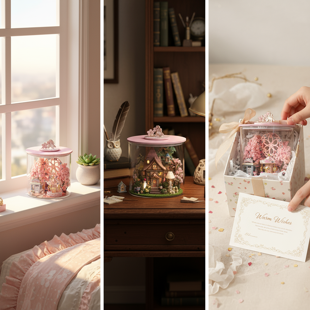 Dream Bottle DIY Miniature Magic House Kit – Enchanted Wizard's Loft & Sakura Scenery