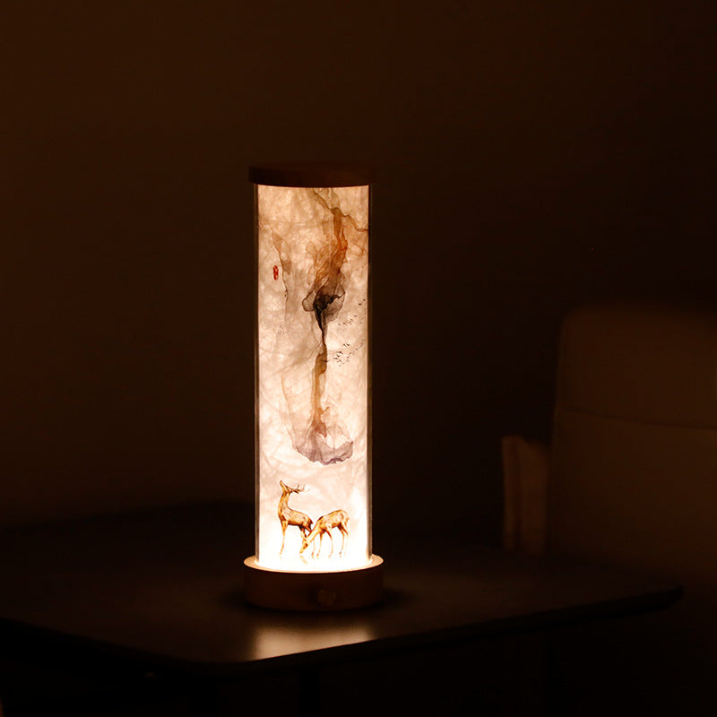 Chinese Ink Art Cylinder Night Lamp - Rechargeable LED Mood Light